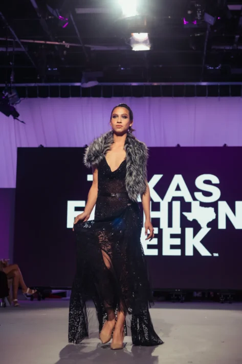 Black Sequin & Lace Gown with Faux Fur Collar