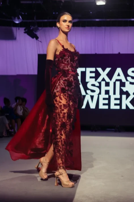 Crimson Floral Illusion Gown with Silk Train